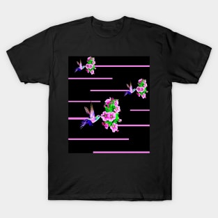 Hummingbirds and pink flowers on black T-Shirt